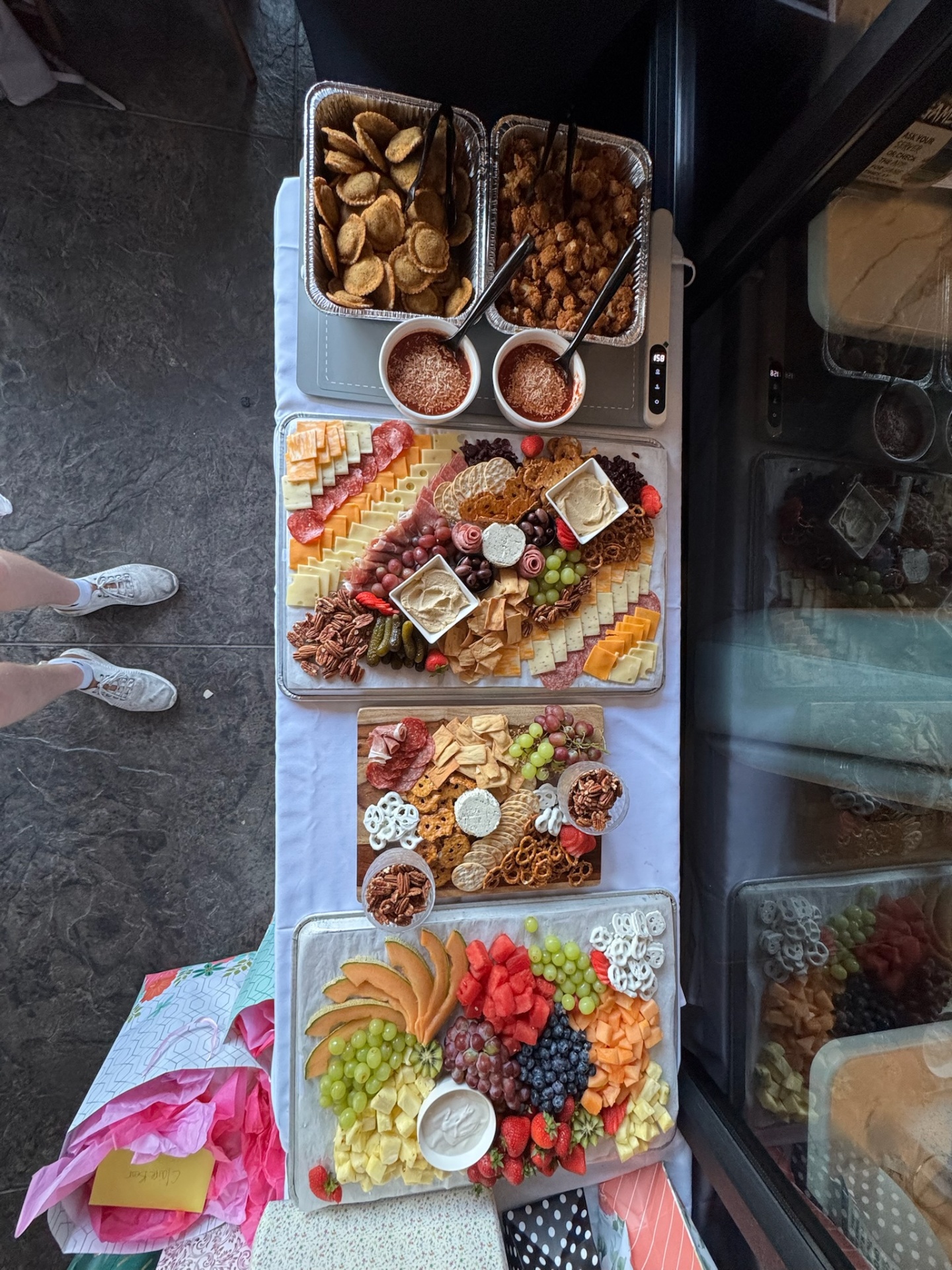 Overhead view of a full catering spread