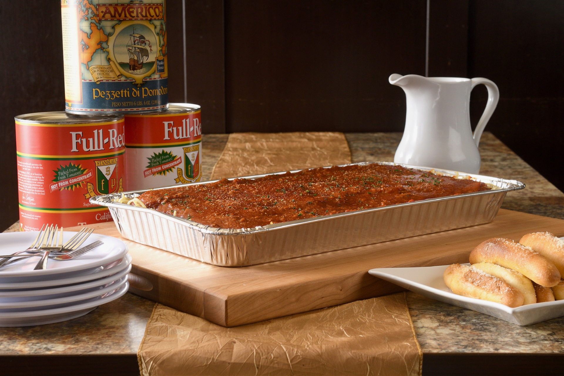 Pasta tray with Stanislaus tomato cans